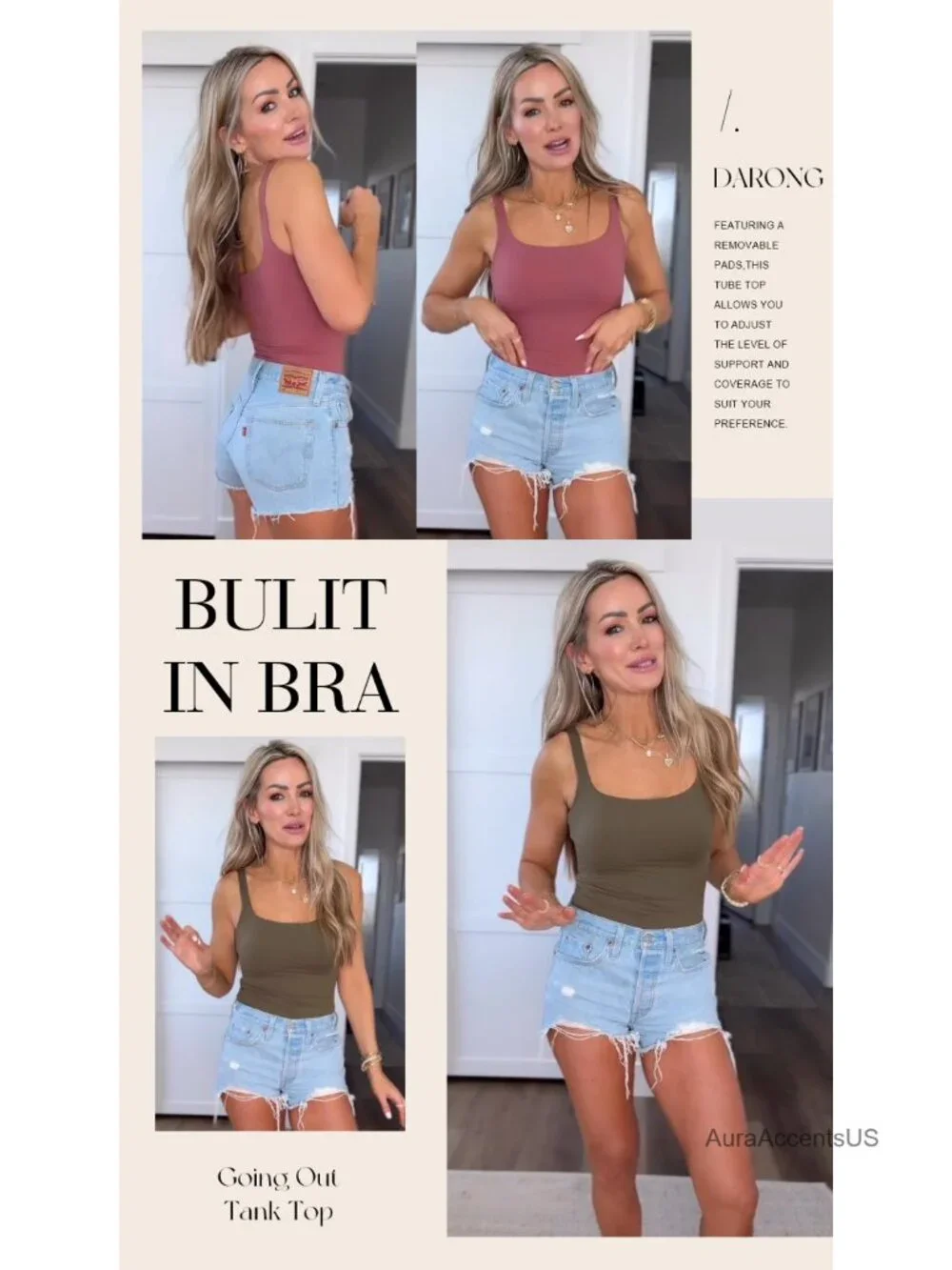 Women's Padded Square Neck Tank Top Double Layer Sleeveless Built in Bra